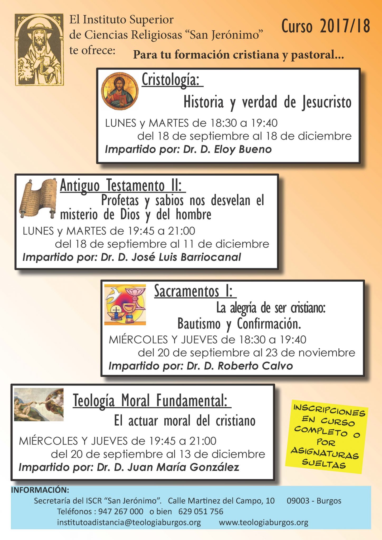 El Instituto Superior de Ciencias Religiosas «San Jerónimo» lanza su oferta de formación para el curso 2017-18 2 Asignaturas inicio curso 2017_18 ISCR