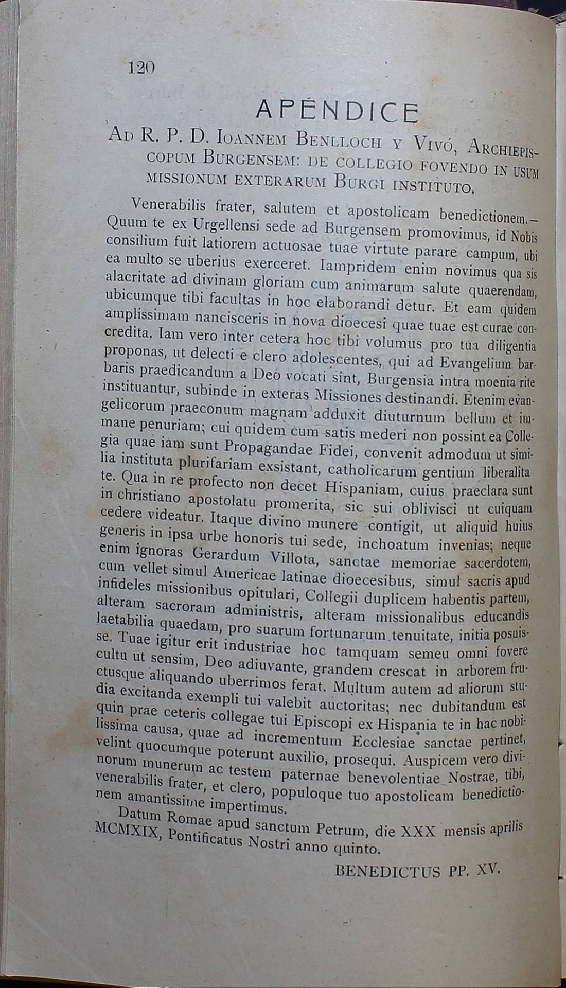 Se cumplen 100 años desde que el Papa promoviera en Burgos un Seminario para las misiones 1 El texto de la carta, publicado en el Boletín Oficial del Arzobispado en abril de 1919.